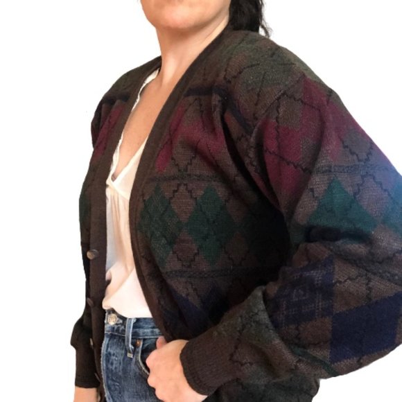 Vtg Italian Brown Argyle Wool Blend V-Neck Cardigan Grandpa Menswear Sweater - Picture 4 of 15